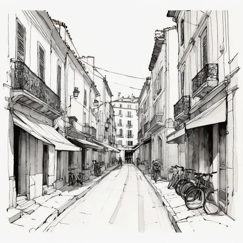 a sketch of a marseille street on white background whith big border,narrow street,aix-en-provence,drawing course,townscape,old havana,passeig de gracia,malaga,line drawing,arles,seville,ostuni,the cob