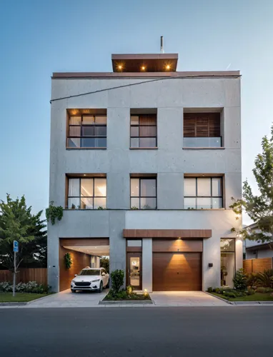 a white car parked in front of two modern homes,modern house,residential house,two story house,modern architecture,townhouse,residential,cube house,dunes house,luxury home,beautiful home,contemporary,