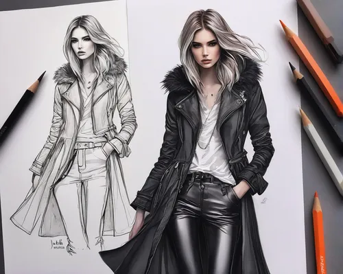 Design a chic and edgy fashion sketch with a dark and rebellious mood.,fashion sketch,fashion illustration,fashion vector,black coat,leather jacket,trench coat,long coat,leather,leather texture,black 