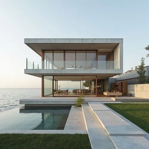 on the sea,a modern glass house sits on top of a grassy field near the ocean,house by the water,modern house,dunes house,house with lake,snohetta,modern architecture,pool house,beach house,summer hous