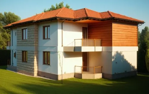 a house sitting on the side of a lush green hill,model house,miniature house,wooden house,3d rendering,small house,cubic house