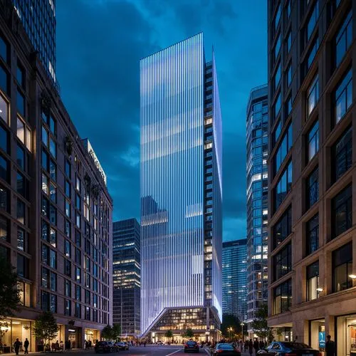Futuristic skyscraper, neon-lit cityscape, sleek metallic fa\u00e7ade, LED strip lighting, ambient glow, holographic advertisements, transparent elevators, spiral staircases, iridescent glass ceilings
