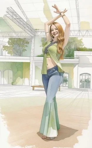 a girl in a dress is standing with her arms above her head,world digital painting,dancer