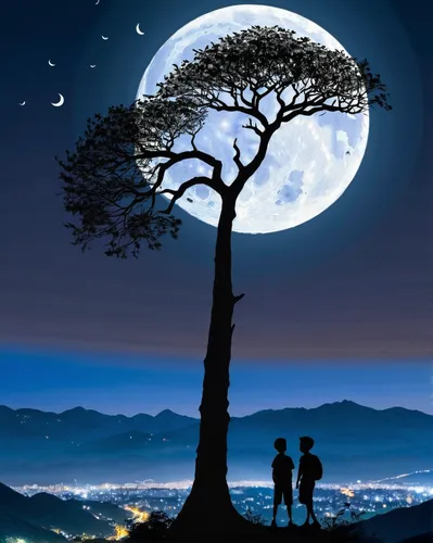 gfsqm, tree, scenery, mountain,silhouette,branch,moon, tree, 2boys, sky, multiple boys, full moon, cityscape, city, branch,best quality,masterpiece,realistic,,romantic scene,moonlit night,moon and sta