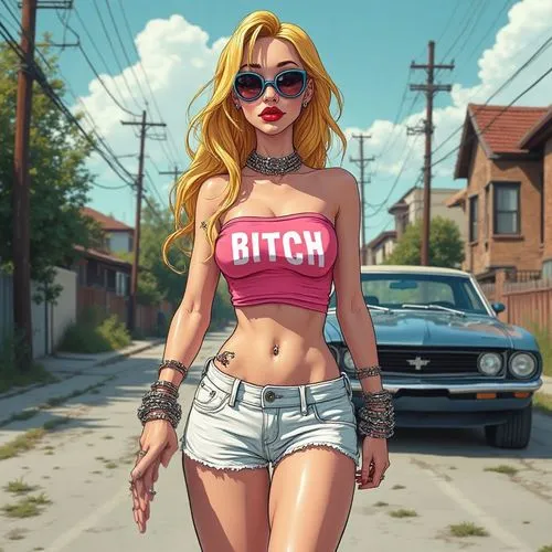 the girl is standing on the street in her underwear,retro girl,retro woman,cutoffs,bad girl,girl and car,civilian,retro women,girl in t-shirt,skater,giantess,gas station,bitchiness,corvette,jean short