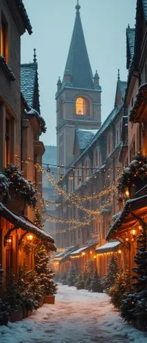 Explore how distinct architectural styles can be fused with Christmas elements to celebrate diversity and global traditions,snowy street scene with a cathedral and building,zermatt,santa's village,win