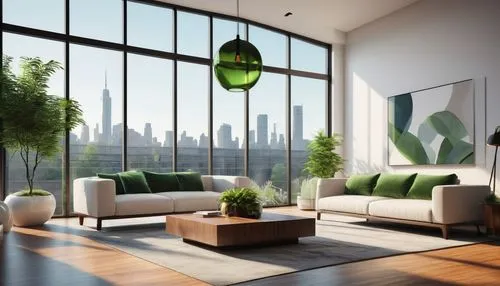 Interior design portfolio, modern minimalist style, spacious living room, 3D rendering, bright natural light, large windows, white walls, dark hardwood floor, comfortable sofa, coffee table, decorativ