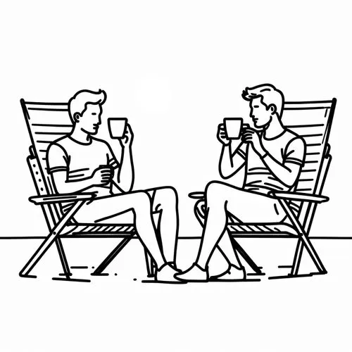 Two men sitting face to face drinking tea,nordli,men sitting,coffee tea illustration,camera illustration,tea drinking,coloring pages,drinking coffee,conversation,coloring page,loungers,binocular,chatt