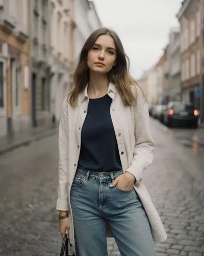 eine 23 jährige durchnittliche Estin in landestypischer Freizeitkleidung in einer mittelgroßen stadt in Estland. komplett angezogen,the girl is holding her purse near a building,woman in menswear,mens