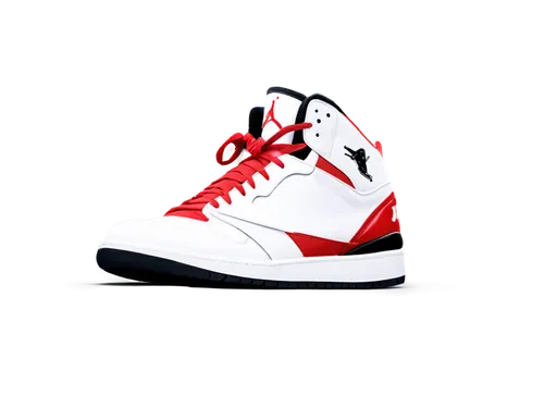 Sneakers, Nike Air Jordan, white and red colorway, laces tied, Jumpman logo, leather material, shiny surface, detailed stitching, low-top design, athletic wear, 3/4 composition, softbox lighting, high