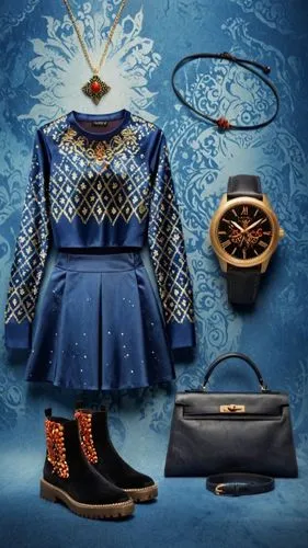 vestuário feminino inspirado na deusa Kali,fundo claro,an assortment of clothes and items on display,blue peacock,peacock,nautical colors,nautical,fairy peacock,royal blue