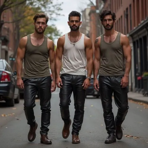 a handsome muscular Brazilian American man and his brothers in Boston wearing tank tops and leather pants, 30 and 27, 25 years old,Brazilian American brothers in Boston ,hunks,plainclothesmen,backstre