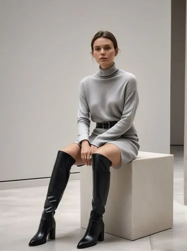 Photorealistic contemporary art gallery scene with a minimalist performance-art atmosphere.
A stylish young woman with a calm, confident presence sits elegantly on a modern lightweight metal chair pla