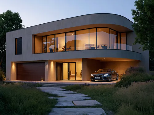 Photorealistic architectural visualization of a luxurious, contemporary off-grid 4-levels villa during the cinematic golden Hour. L-shaped residential building. The residence features sweeping, curved