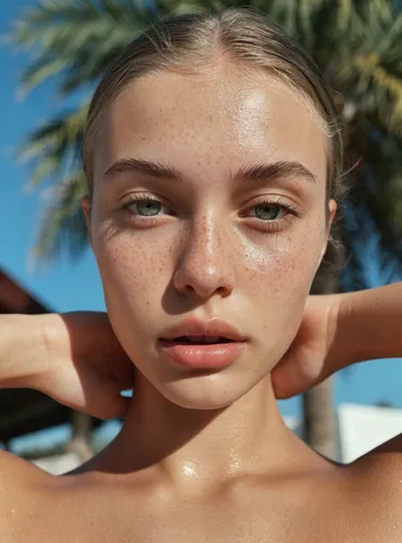 a beautiful young woman with freckled brown hair,natural cosmetic,skin texture,mascara,freckled,wet girl,healthy skin,bronzed,sunscreens,freckles,wet,beauty face skin,sunscreen,sunblock,collagen,facia