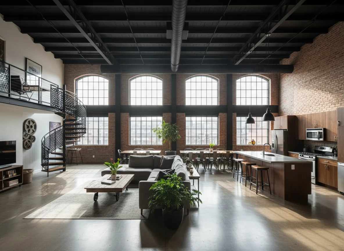 एक AI-जनित छवि जो ऊँची छतों और प्रचुर प्राकृतिक प्रकाश के साथ एक ओपन-कॉन्सेप्ट इंडस्ट्रियल लॉफ़्ट का वाइड-एंगल दृश्य दिखाती है।