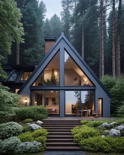 Architecture,modern glass - paneled house with its windows lit up in the evening,house in the forest,forest house,modern house,mid century house,modern architecture,inverted cottage,frame house,electr