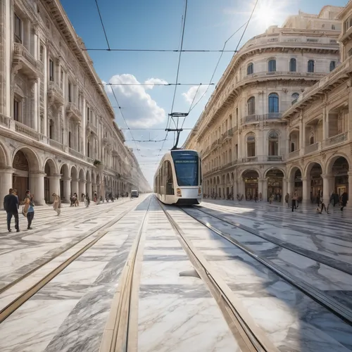 create a city made entirely of marble, as if it were ancient, beautiful, with a tram that runs through the city, also made of marble,via della conciliazione,the lisbon tram,tram road,tramway,via roma,