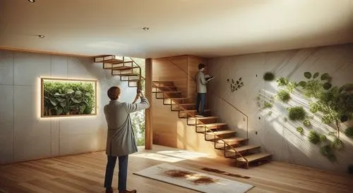 a man reaching up into a staircase next to a staircase,wooden stairs,stairwell,outside staircase,hallway space,wooden stair railing,staircase