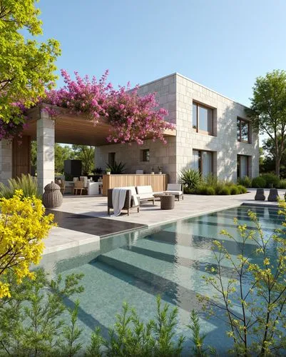 A luxurious stone villa with a pool, surrounded by lush greenery and vibrant flowers, emphasizing a Mediterranean architectural style, serene and inviting atmosphere, highly detailed textures of stone