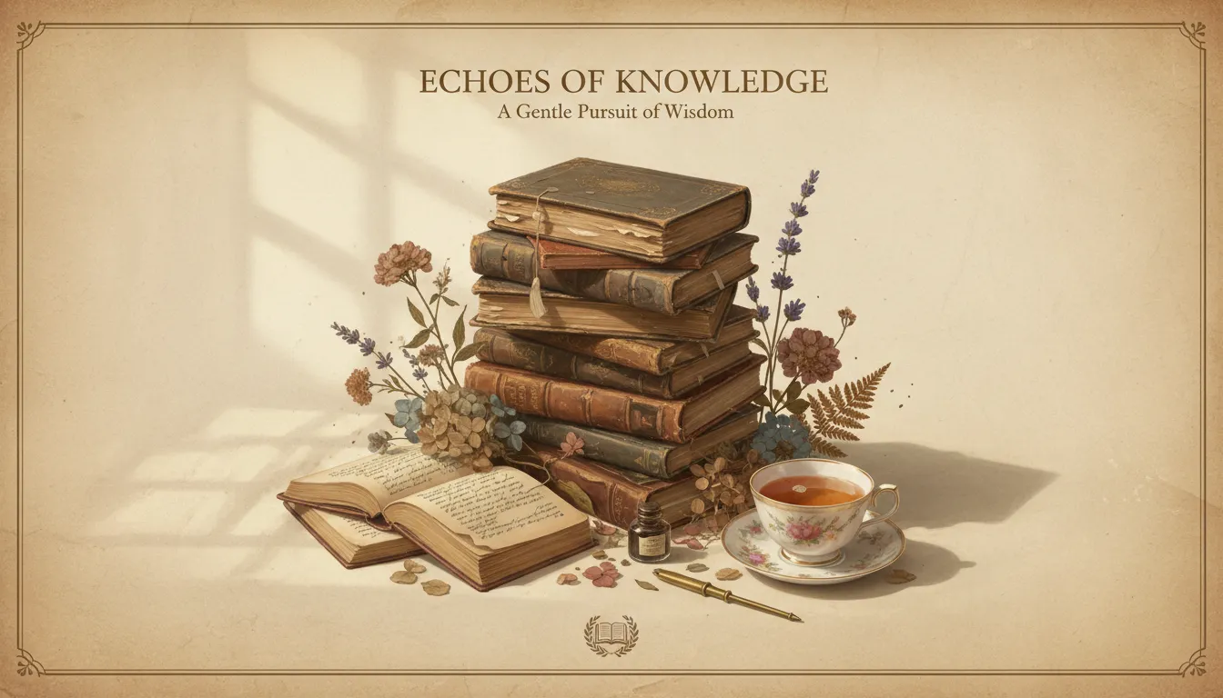 Un bellissimo poster generato dall'IA in stile Light Academia, con una pila di libri antichi, una tazza da tè e fiori secchi in una luce soffusa e calda.