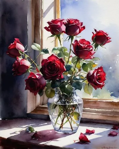 watercolor,натюрморт,burgundy розы,Stan Miller,the bouquet of flowers in the vase has a few petals on the window sill,flower painting,red carnations,oil painting,spray roses,red roses,oil painting on 