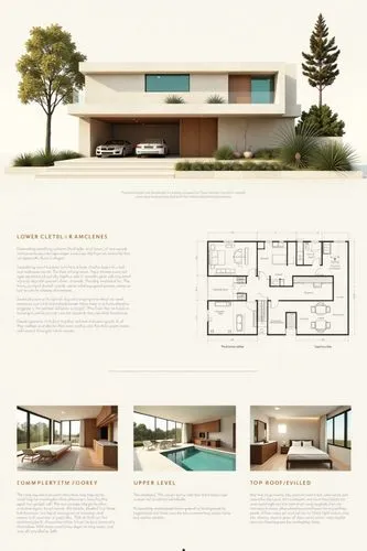 A professional architectural presentation board with a Pure background and a clean, minimalist design layout. The board includes:

Top Section: On the top left, a photorealistic render of a contempora