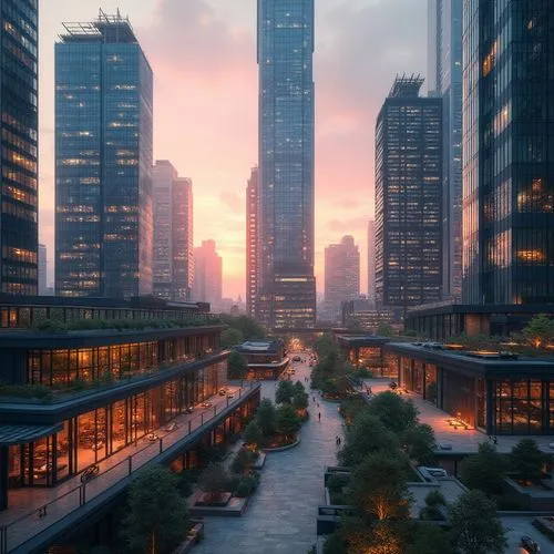 Rich urban landscape, modern skyscrapers, sleek glass facades, metallic accents, bold architectural lines, vibrant city lights, warm sunset ambiance, soft atmospheric haze, natural stone pavement, gre