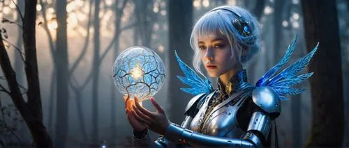 Magic hour, AI robot, futuristic, metallic body, glowing blue circuits, shimmering silver hair, piercing red eyes, intricate mechanical wings, delicate fingers, holding a crystal orb, soft golden ligh