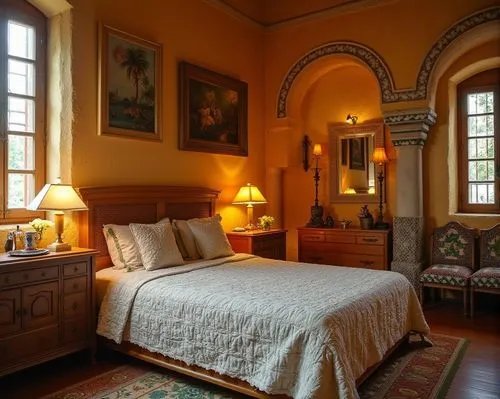 interior design,a large bed is made and decorated with pillows,victorian room,ornate room,chambre,bedchamber,inglenook,great room,Photography,Documentary Photography,Documentary Photography 01