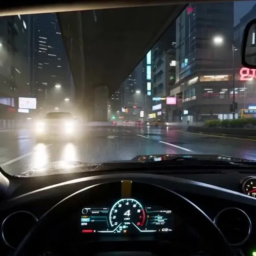 12-second first-person chase short for Western TikTok/Reels audiences, 16:9, no text, no logos, no subtitles.

0-2s: First-person from inside a rain-soaked street racer as hostile headlights flood the