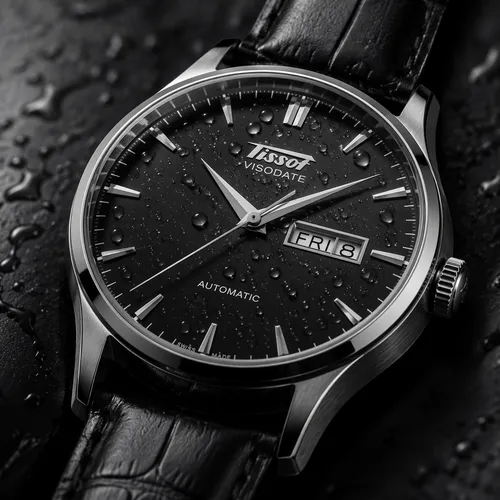 a product macro shot of a Tissot Heritage Visodate Automatic watch, black leather strap, black dial. with droplets on its face
,an elegant watch sitting on a wet surface,timepiece,chronometer,chronogr