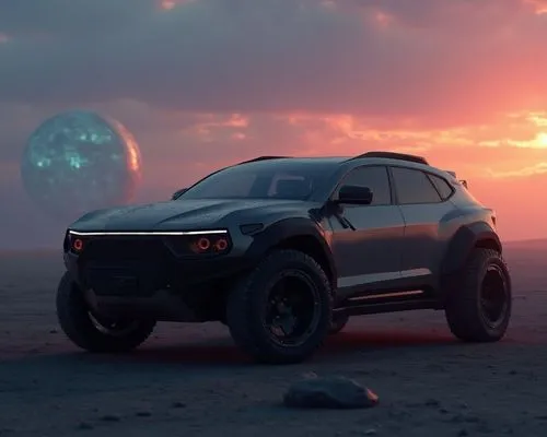 rugged,boxy Futuristicelectric SUV  parked in a dark, moody sunset lit, in the middle of a vast Lunar Landscape, with a blue Earth in the background, close-up on 22-inch matte black alloy wheels, shar