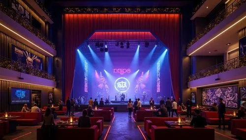 Vibrant concert house, eclectic music venue, bold neon lights, dark blues and purples, strobing stage lights, luxurious velvet curtains, ornate golden details, rich wood accents, plush red seating, dr