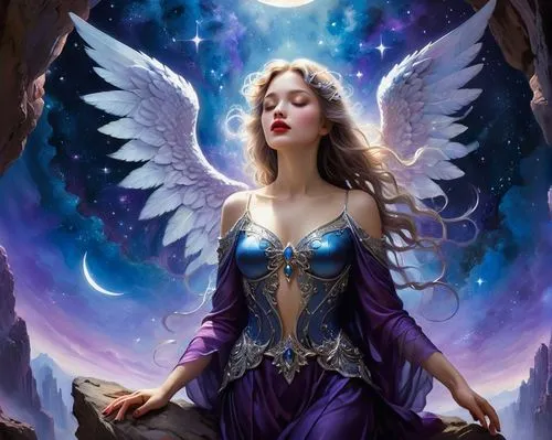 a digital illustration featuring a love universe ethereal crystal, the center shows a majestic angel with outstretched wings in a serene pose, the background is a deep blue and purple palette with sta