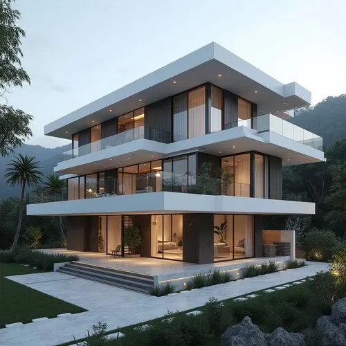 A hyper-realistic, high-resolution architectural photograph of a multi-level, contemporary luxury residence featuring a sleek, geometric design. The exterior is composed of smooth, matte charcoal-gray