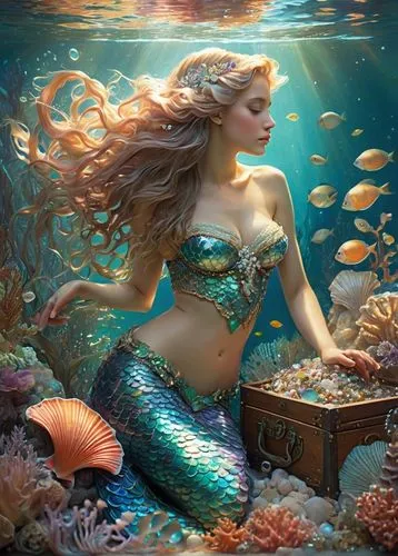 Alphonse, Mucha, mermaid, underwater, shiny scales, long flowing hair, seashell bra, sparkly tail, coral reef, seaweed, ocean flowers, schools of small fish, sunlight filtering through water, soft foc