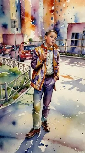 Мальчик в театральном костюме,a painting of a person that is holding a jacket,watercolor background,watercolor painting,watercolor,pyrotechnical,watercolor sketch,watercolors