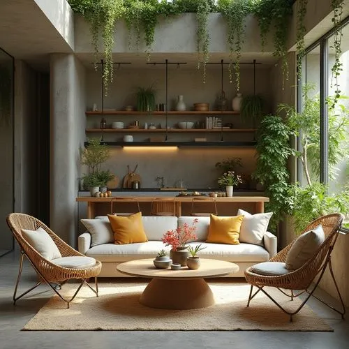 An eco-friendly studio apartment interior, bamboo made chairs and center table, concrete walls and decorated in greenery and flowers, green roof , with opulent ambience. atmosphere is Fall, with a uni