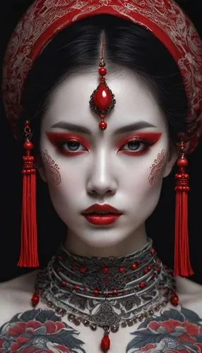 A woman with a porcelain skin, like complexion, adorned with intricate red and white tattoos, stares directly at the viewer. Her eyes are a deep crimson, and her lips are painted a soft red. She wears