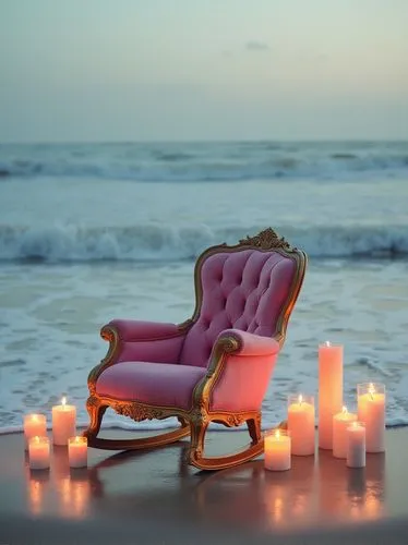 A pink and gold rocking chair sits on the beach, surrounded by large waves. lots of Candles provide a warm glow. This scene is captured in the style of photographer Tim Walker, as part of a Vogue maga