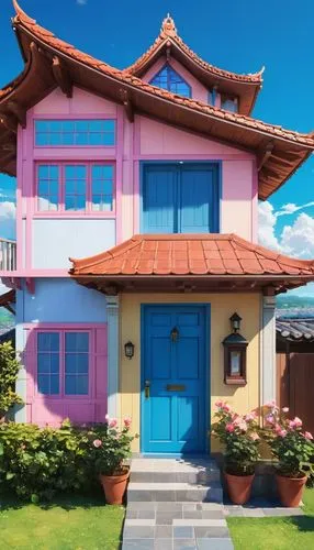 A medium shot of a large two story house with painted white, blue, and pink exterior. Wood roof tiles with silver trim that extends above the roof. The front door has no doors and window on a brown ti