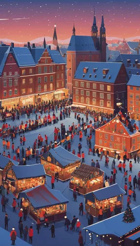 Christmas market in Europe, by Emiliano Ponzi,christmas market,advent market,christmas town,delft,christmas village,winter village,winter festival,market place,kefermarkt,christmas landscape,christmas