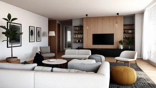 Create a photorealistic rendering of a Scandinavian-style living room. The composition should be high resolution, shot from a 3/4 angle, focusing on detailed facial features while maintaining a harmon