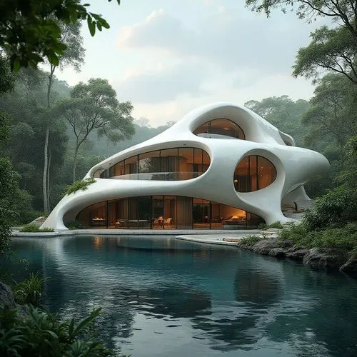 Diseño de Una vivienda Orgánica de caracter futurista al estilo del arquitecto Roberto Carlos Gómez Castro, resalta por sus formas curvilineas, amplios vitrales, balcones y sus areas exteriores ajardi