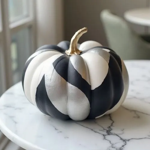 A modern, geometric pumpkin with angular shapes painted in black, white, and metallic silver. Placed on a sleek marble table, this pumpkin offers a minimalist, chic look that contrasts with traditiona