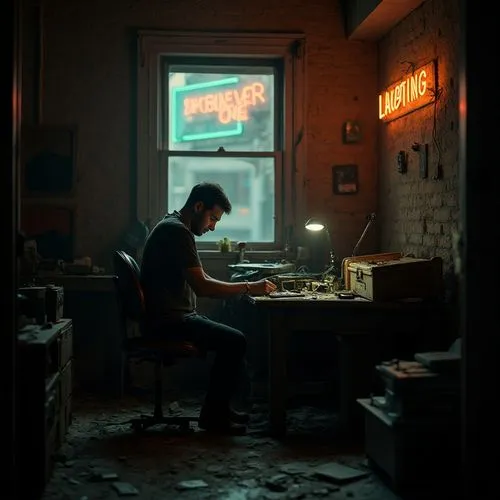 Within a decrepit apartment, illuminated solely by the flickering light of a malfunctioning neon sign outside the window, a man sits at a cluttered desk. Surrounded by obsolete electronics and stacks 