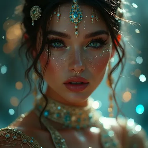 a supermodel close-up portrait with a strong faceted prism photography effect. The scene is enchanting, unusual and radiant. Intriguing make-up, and ornate clothing add an exotic flare.,a beautiful gi