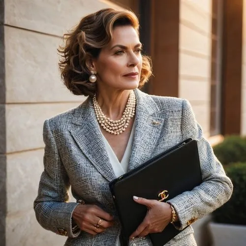 a beautiful woman in white is holding a black purse,mayoress,senator,alumna,woman in menswear,ambassador,signora,secretarial,secretary,business woman,elegance,pantsuit,charisma,executive,lapels,congre
