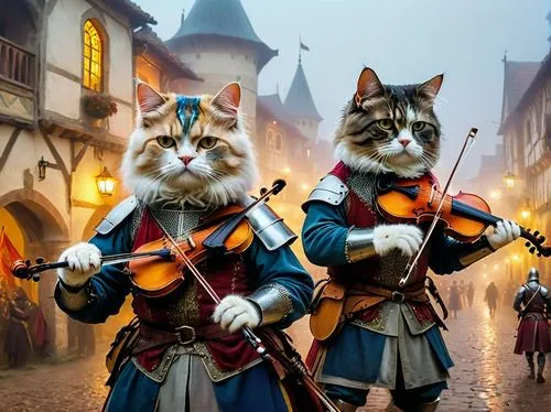 two Persian cats dressed as bums play violins,the two cats are playing music together in a po,town musicians,violinists,troubadours,musicians,cellists,orchestra,violins,bards,violists,townsfolk,fiddle